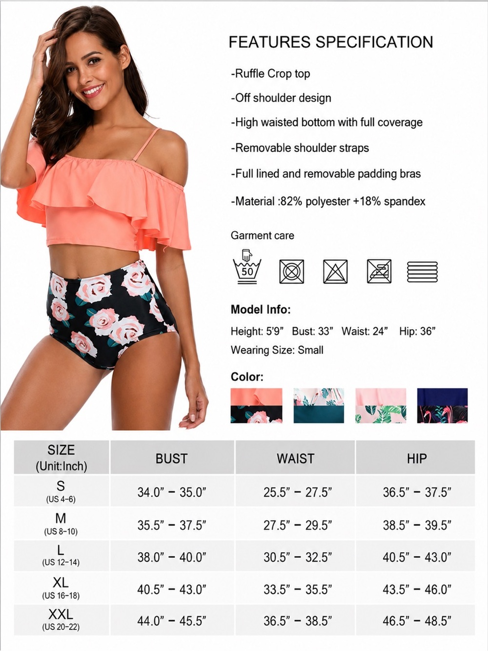 Orange Off Shoulder Ruffled Black Floral High Waisted Bikini Set - Picture 6 of 6